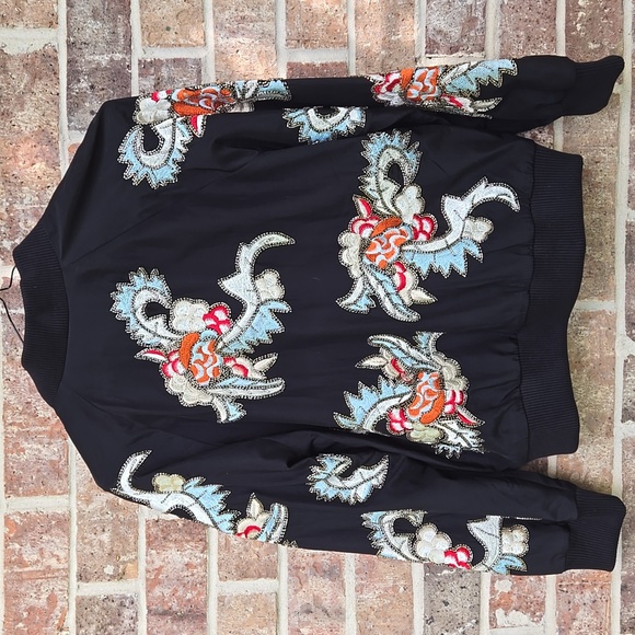 Alice + Olivia Felisa Satin Floral  Jacket Embellished Black Size S NWT - Picture 8 of 9